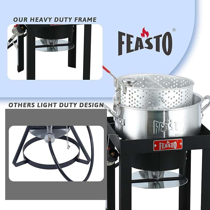 10 Qt Fish Fryer Pot and Basket, Aluminum Propane Fish Fryer Kit with 50,000 BTUs Output and Thermometer for Outdoor and Backyard Cooking, Silver & Black