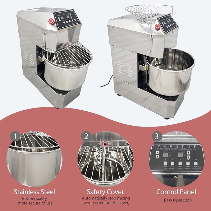 40QT Commercial Stand Dough Mixer Double Action Fast and Slow Speed Spiral Electric Flour Mixing Machine for Professional Bread Making Kneading Machine with Speed Time Control 40L 1800W