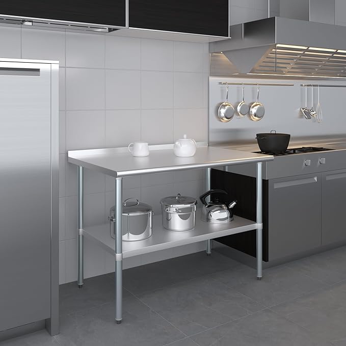 AmGood Stainless Steel Work Table with 1.5" Backsplash | Metal Kitchen Food Prep Table | NSF (48" Long x 30" Deep)