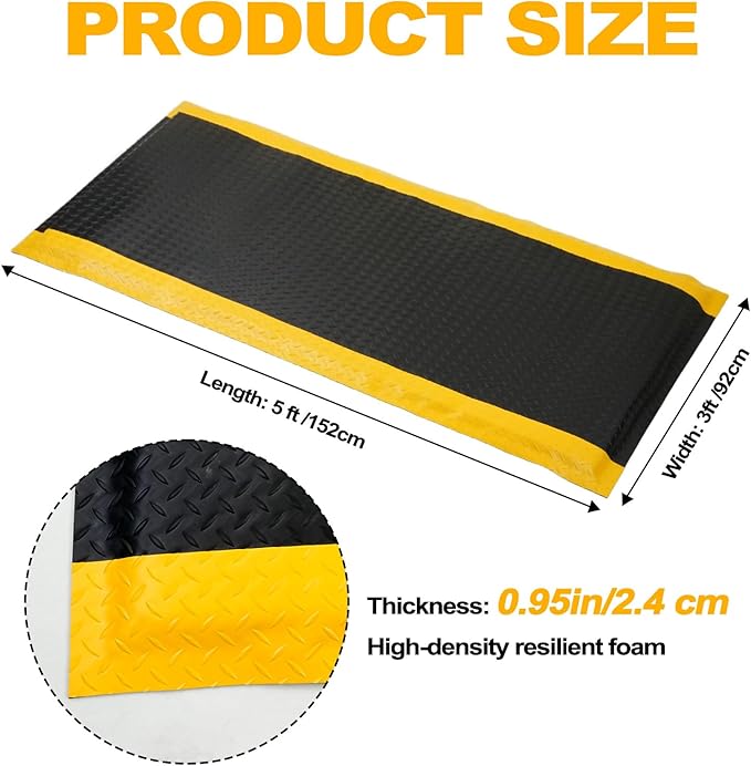 3 FT x 5 FT Anti Fatigue Mat, 15/16 Inch Thick Soft Sponge Ergonomic Mat, Non-Slip Industrial Grade Floor Mat, Easy to Clean, for Kitchen, Garage, Work, Shop, Black with Yellow Border