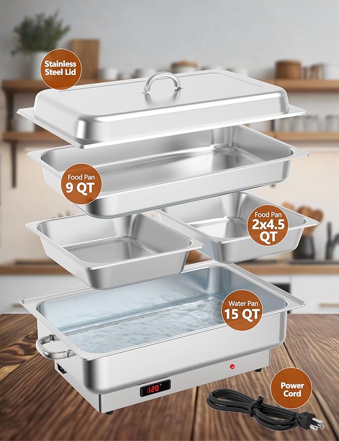 Electric Chafing Dish Buffet Set, 9 QT Buffet Servers and Warmers Stainless Steel, Commercial Food Warmer with 1 Full-Size Pan & 2 Half-Size Pan, Temperature Control Display for Parties, Catering