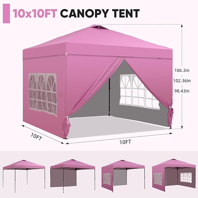 Saemoza 10x10 Pop Up Canopy Tent with One Push Setup, Portable Sun Shade Tent, Instant Easy Up Canopy with 4-Sidewalls & Handbag, Outdoor Fldable Gazebo with Vent Top, Pink.