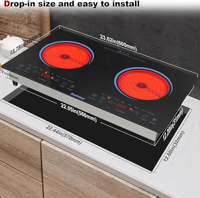 Karinear 2 Burners Electric Cooktop 24 Inch, 110v~120v Countertop and Built-in Elecric Stove Top, Portable Electric Radiant with Outlet Plug, Sensor Touch, Child Safety Lock, Timer(Blue)