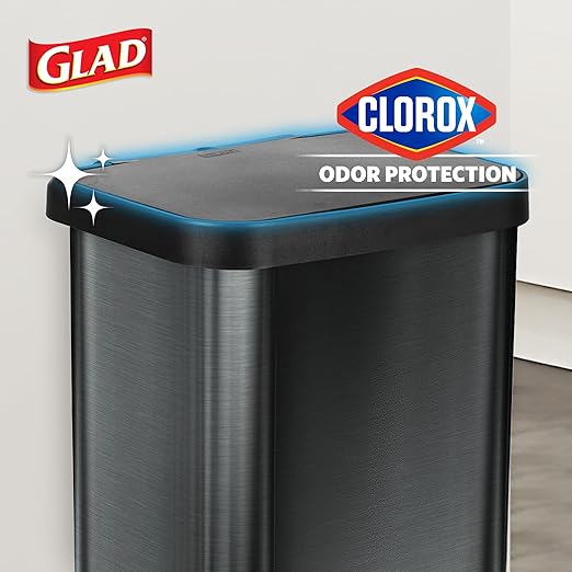 Glad Stainless Steel Step Trash Can with Clorox Odor Protection | Large Metal Kitchen Garbage Bin with Soft Close Lid, Foot Pedal and Waste Bag Roll Holder, 13 Gallon, Pewter