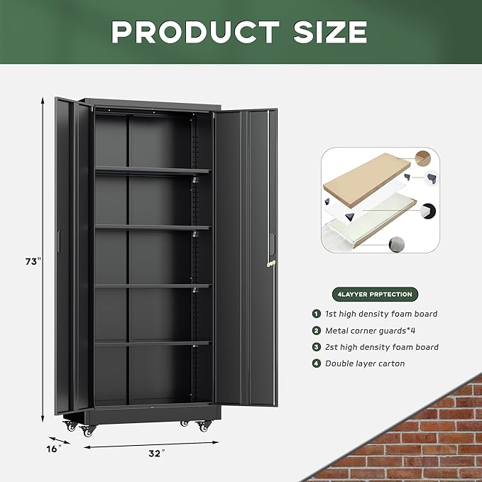 Greenvelly Metal Storage Cabinet with Wheels, 73" Black Lockable Rolling Storage Cabinets with Doors and 4 Adjustable Shelves, Large Steel Cabinet for Garage, Office, Home, School
