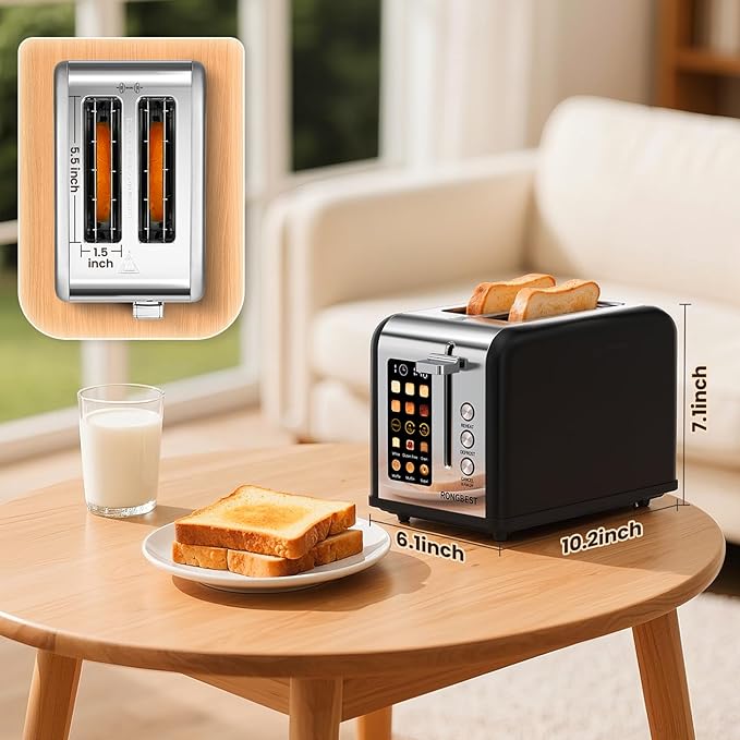 2 Slice Easy Touch Screen Toaster, Stainless Steel Toaster with Wide Slots, Even Toasting for Bagels & Bread, Reheat & Defrost, Removable Crumb Tray, Matt Black