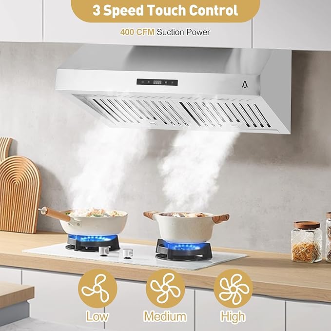 30-Inch Under Cabinet Range Hood, Stainless Steel Kitchen Ventilation with 400 CFM, 3-Speed Touch Control Panel, Kitchen Exhaust Fan for Home and Small Apartment, Silver