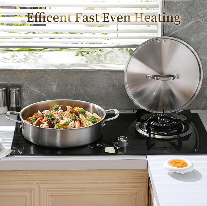 DELARLO Tri-Ply Stainless Steel 8 Quart Braiser Pan with Lid Induction Rondeau Pot With Lid 13inch Deep Frying Pan Large Saute Pan Heavy Duty Style Compatible With All Cooktops Up to 650℉