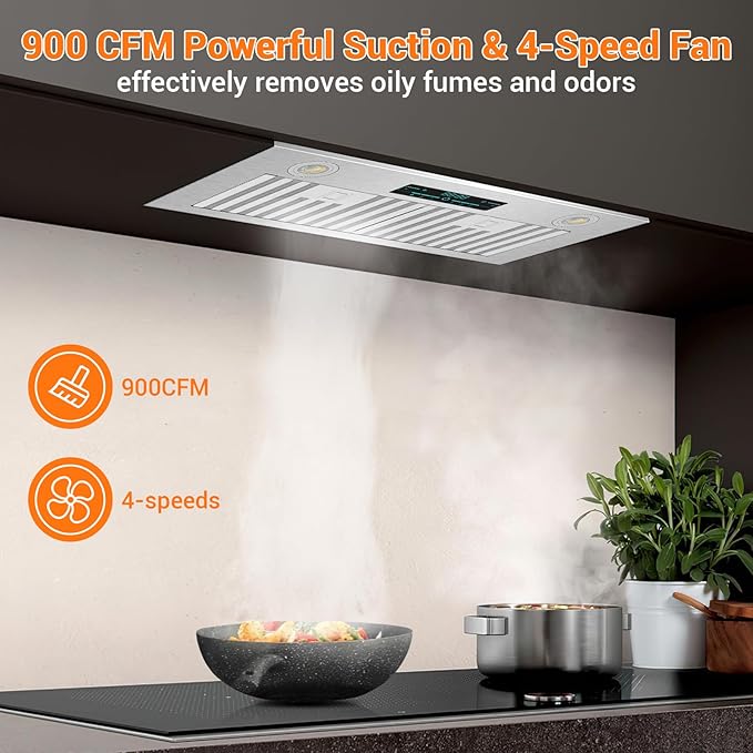 KMB02-30 Range Hood Insert 30 Inch, 900 CFM Built-in Range Hood, Stainless Steel Kitchen Vent Hood with 4-Speed,Ducted/Ductless Hood Range with Bright LED Lights, Smart Control Panel