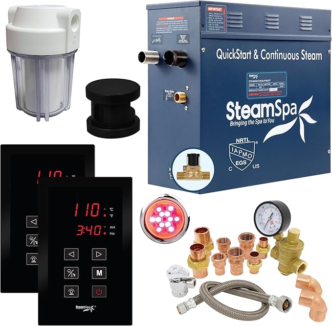 SteamSpa Executive 6 KW QuickStart ACU-Steam Bath Generator Package with Built-in Auto Drain and Install Kit in Matte Black | Steam Generator Kit with Dual Control Panel Steamhead 240V | EXT600MB-A