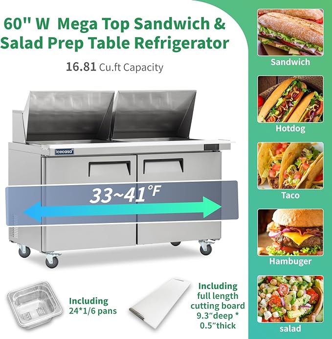 ICECASA 60" W Commercial Refrigerator Sandwich&Salad Prep Table Mega Top 2 Door Stainless Steel Counter Fan Cooling Refrigerator with 24 pans-60 Inches for Restaurant, Bar, Shop, etc