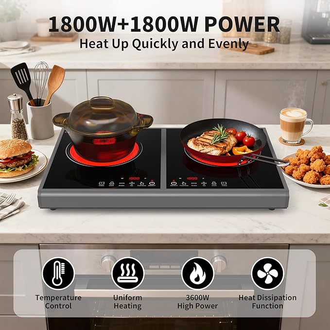 Electric Cooktop,110V 3600W Stove top, 20 inch Countertop with 9 Power Levels,LED touch control,Overheat Protection,Child Safety Lock & Timer,touch control 2 burner Electric cooktop