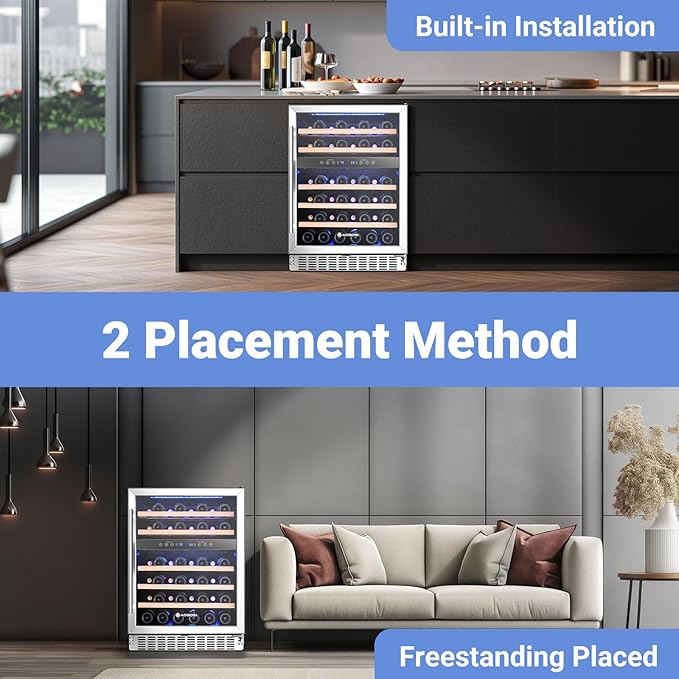 AAOBOSI Wine Fridge Cooler, 46 Bottles,24 inch Dual Zone Wine Cooler Under Counter with Adjustable Shelves,Built-in or Freestanding Wine Refrigerators for Home,Office,Bar