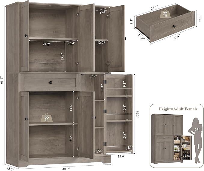 HOSTACK 68" Tall Kitchen Pantry Storage Cabinet, Modern Kitchen Hutch Cabinet with Doors and Shelves, Freestanding Food Pantry with Large Storage Drawer for Dining Room, Living Room, Ash Gray