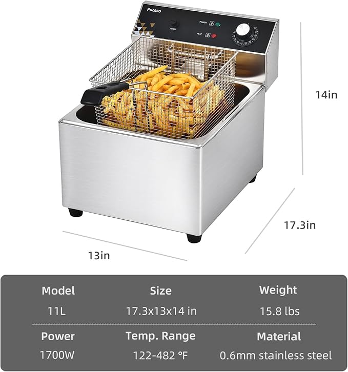 Deep Fryer with Basket, 1700w 19.7Qt Oil Tank/ 8.8Qt Basket, 0.6mm Thickened Stainless Steel Countertop Electric Fryer for Home and Commercial Use, Oil Fryer with Double Overheat Protection