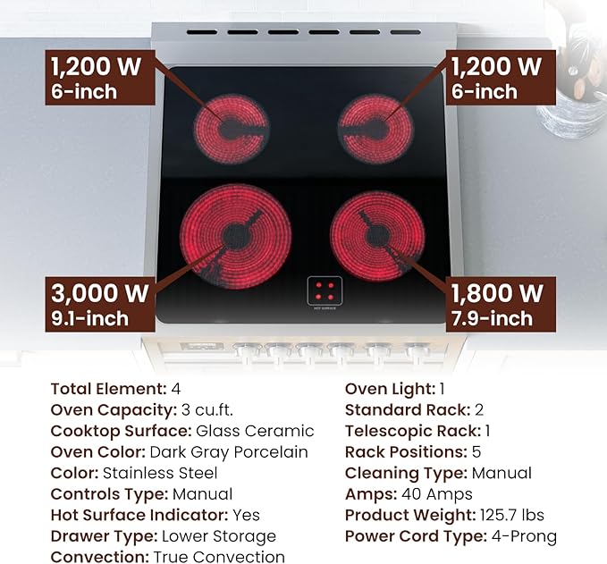 Rangaire RRE241TS 24" Electric Range Oven with Timer - Stainless Steel, Infrared Stove Burners, True Convection, Easy Reach Racks