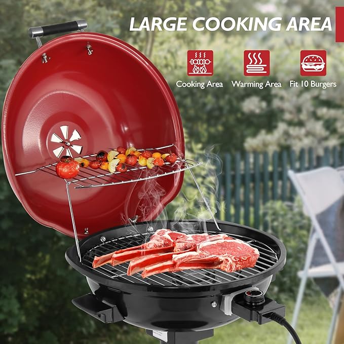 Outvita Indoor/Outdoor Electric Grill, 1600W Portable Removable Stand Grill with Double Layer Design for BBQ, Patio & Backyard (Red)