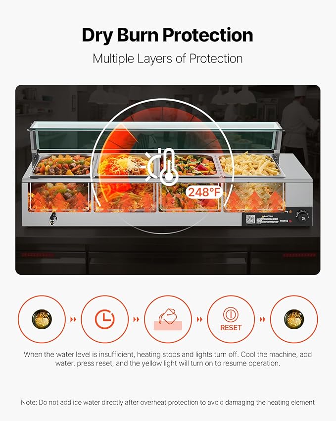 VEVOR Commercial Food Warmer, 1500W Electric Stainless Steel Steam Food Warmer with Glass Cover, 4-Pan Countertop Buffet Bain Marie with Soup & Perforated Ladles, for Catering, Restaurant & Party