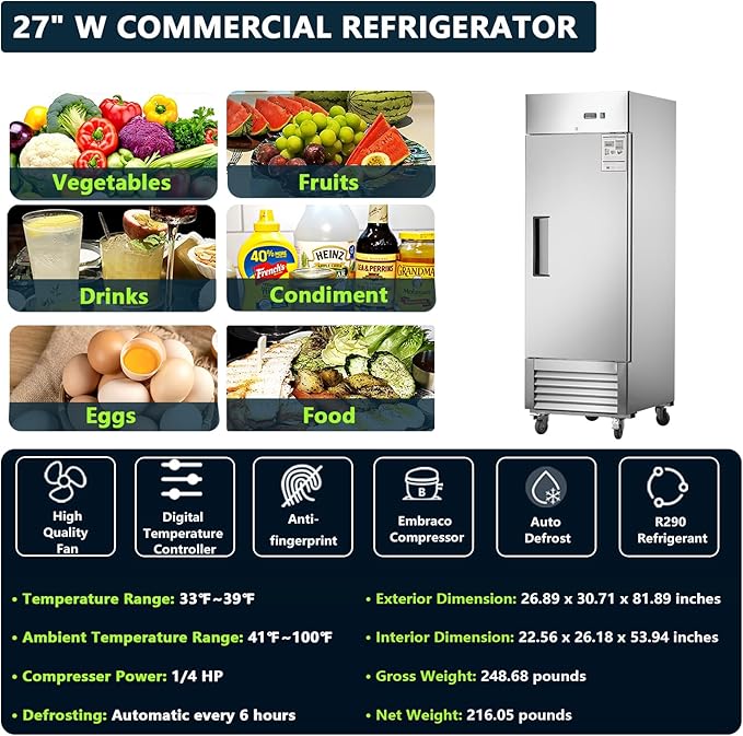 Commercial Refrigerator 27"W Single Solid Door Stainless Steel Interior and Exterior Construction Upright Fan Cooling 18.68 Cu.ft. for Restaurant, Bar, Shop
