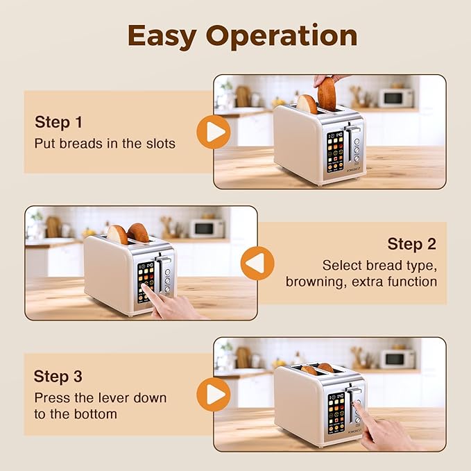2 Slice Easy Touch Screen Toaster, Stainless Steel Toaster with Wide Slots, Even Toasting for Bagels & Bread, Reheat & Defrost, Removable Crumb Tray, Cream Color