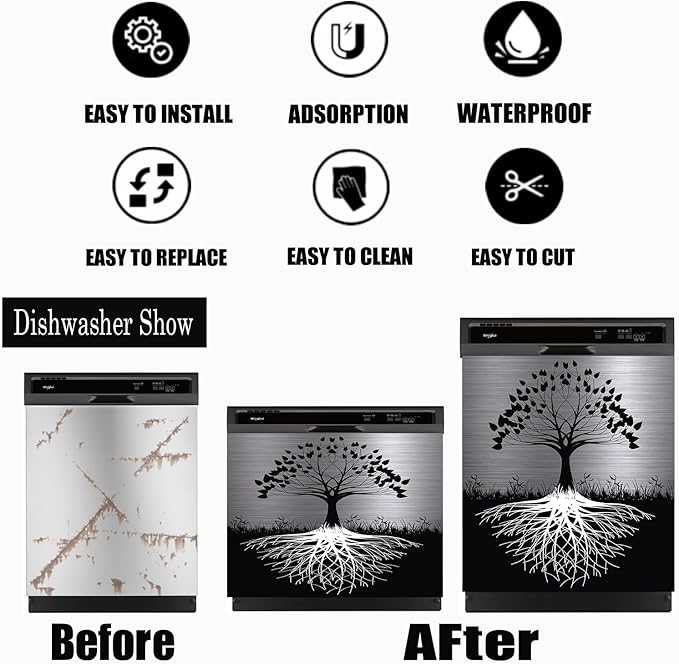 Tree of Life Dishwasher Cover Magnet Decor,23x26inch Large Polishing Metal Dishwasher Front Door,Black Kitchen Dishwasher Decal,Tree Refrigerator Panel,Sliver Metal Magnetic Dishwasher Sticker