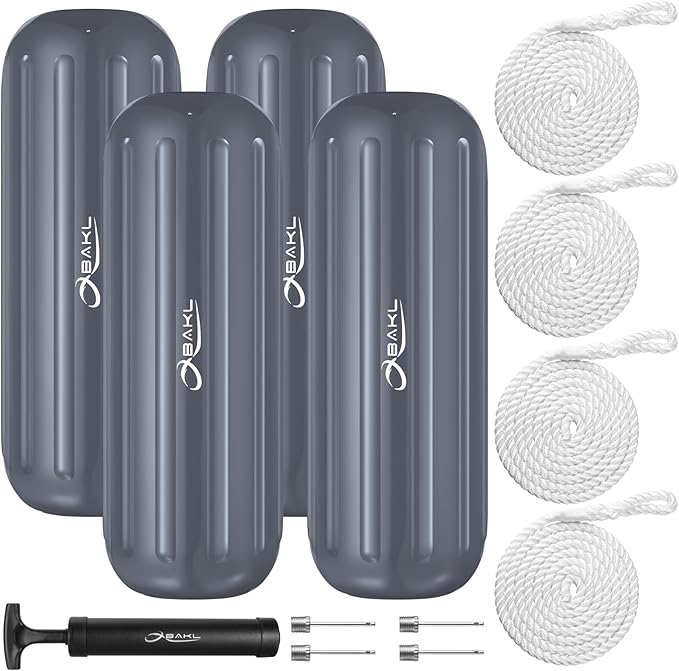 Boat Fenders 4 Pack 10 x 28 Inches Ribbed Center Hole Boat Fenders Bumpers for Docking, Comes with Ropes and Pump to Inflate