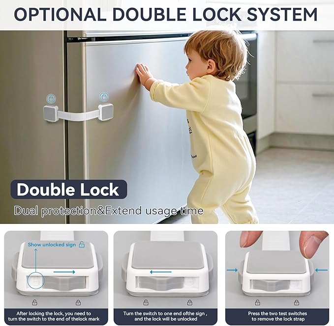 6 Pack Child Safety Cabinet Locks for Baby Proofing, Length Adjustable Latch Straps Dual Button Design for Drawers Fridge Refrigerator Doors Toilet Seat Oven