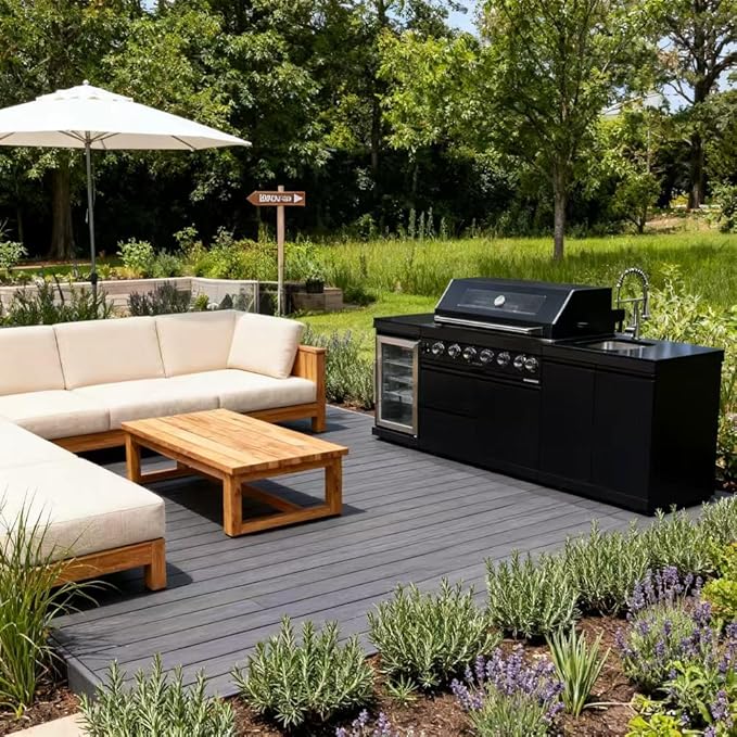 95-Inch Outdoor Kitchen Island Grill - 43” 6-Burner 85000 BTU Propane Gas Grill w/Wine Cooler/Refrigerator, Rotisserie Kit, Granite Countertops, Stainless Steel Sink, 304 Marine Grade SS, Black