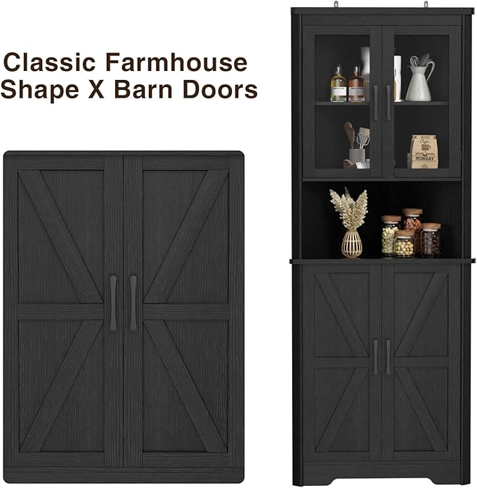 67''H Black Tall Farmhouse Corner Storage Cabinet with 4 Tempered Glass Doors and Barn Doors, Narrow Bathroom Cabinet with 5 Adjustable Shelves, Corner Hutch for Kitchen, Dining Living Room