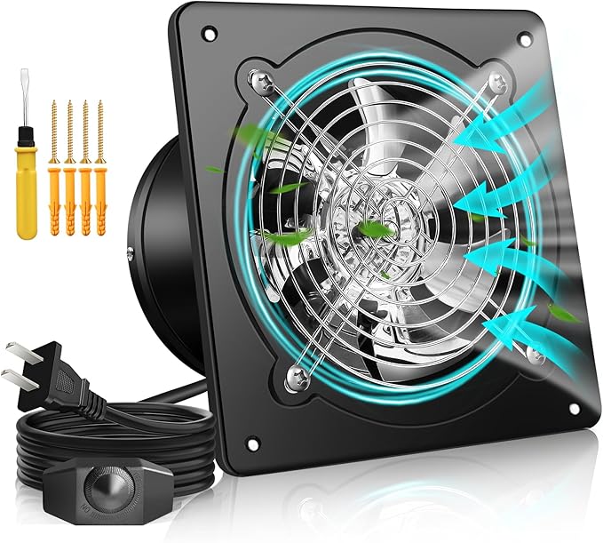 8 Inch Exhaust Fan with Speed Controller, 700CFM Wall Mount Exhaust Fan for Kitchen, Metal Ventilation Extractor Fan with Damper for Bathroom, Garage, Attic, Shop, Pet Room, Smoking Room, Basement