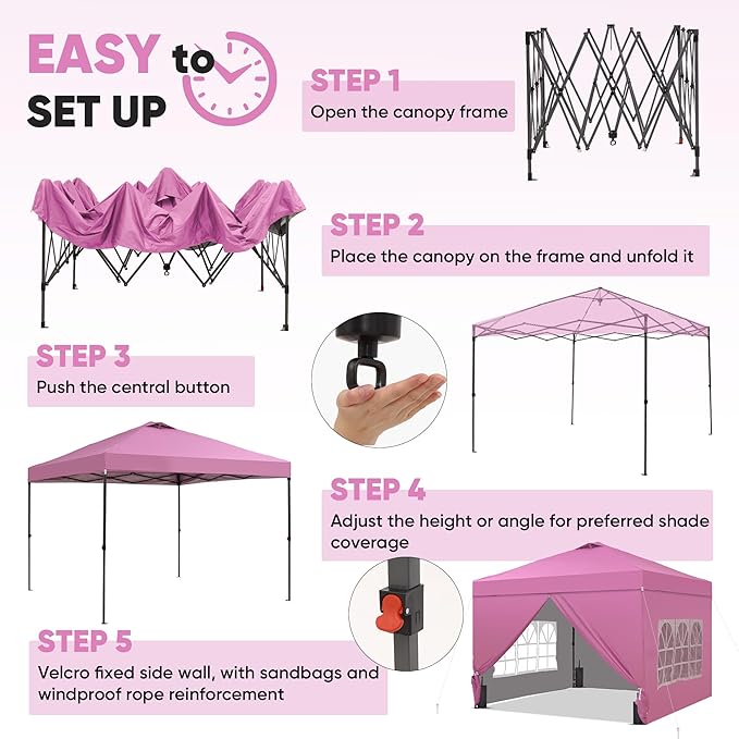 Saemoza 12x12 Pop Up Canopy Tent with One Push Setup, Portable Sun Shade Tent, Instant Easy Up Canopy with 4-Sidewalls & Wheeled Bag, Outdoor Fldable Gazebo with Vent Top, Pink.