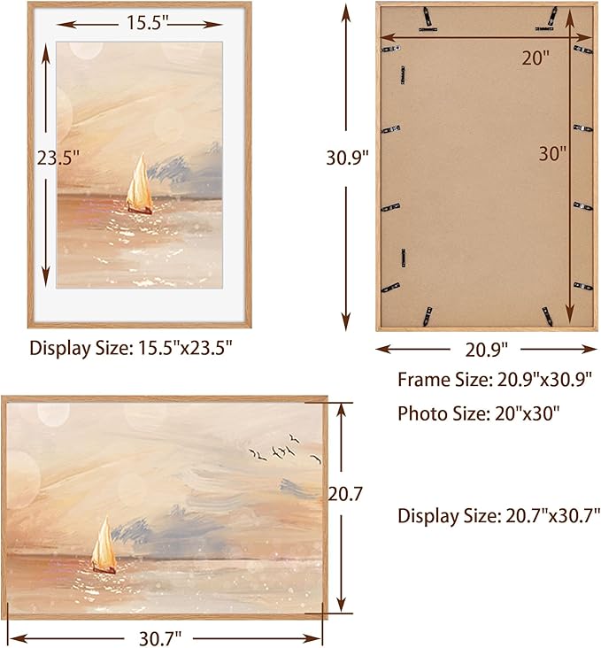20x30 Picture Frame, Rustic Wood 20 x 30 Poster Frames for Wall, Oak Wood Picture Frames 20 by 30 with Real Glass, 20x30 Frame Matted for 16x24, Large Wooden Photo Frame 20x30 Inch, Oak Color, 1 Pack