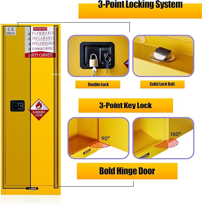Flammable Safety Cabinet 23" x 18" x 65" Yellow, Cold-Rolled Steel 50 Gallon Explosion Proof Cabinet, 2 Adjustable Shelves & Vent Design for Commercial Garages, Lab & Industrial Facilities