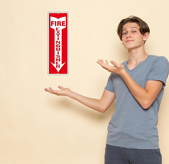 Fire Extinguisher Sign, (4 Pack) Self Adhesive Fire Extinguisher Sticker Signs for Indoor Outdoor, Rust Free Reflective Aluminum Metal Signs for Wall and Door (12 x 4 inches, Red/White)