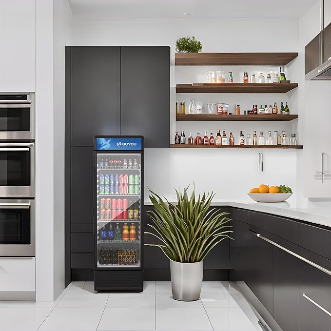 BEYOU Commercial Beverage Refrigerator, 12.2 cu. Ft Upright Display Merchandiser with single Glass Door, Drink Cooler for Living Room,Bar,Garage（Black）