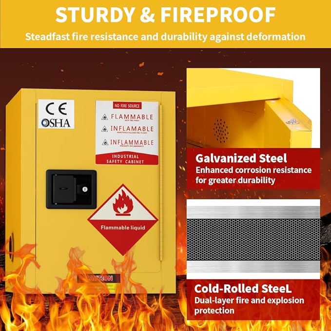 Flammable Storage Cabinets 21" D x 21" W x 26" H, Galvanized Steel Flammable Safety Cabinet, Fire Proof Cabinets Yellow for Industrial Instruments Protection Supplies Cabinet (Thick Style)