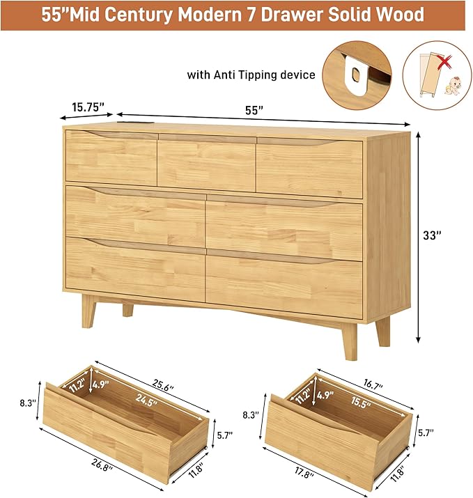 55”Solid Wood Drawers Dresser with Power Outlets, 7 Drawer Dresser for Bedroom, Mid Century Modern Vintage Large Chest of Dresser for Hallway, Entryway,Cutout Handle, Storage Essentials, Natural