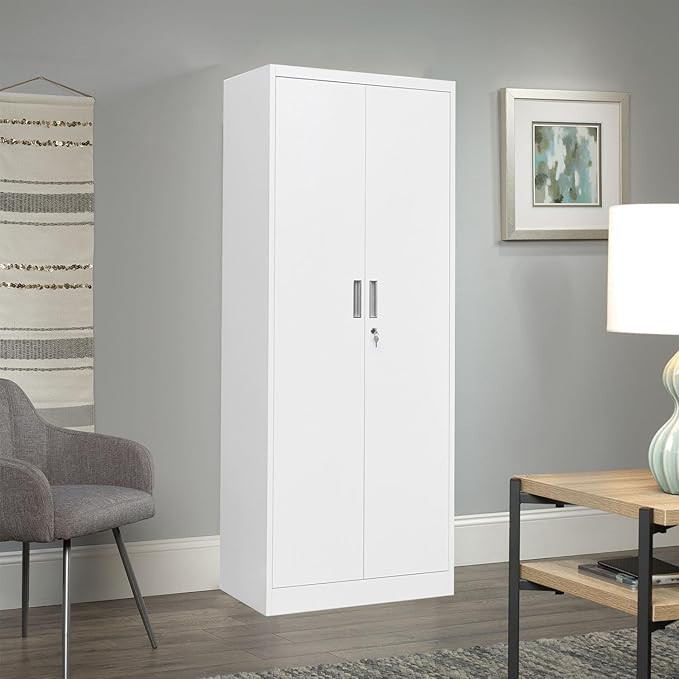 BESFUR Metal Storage Cabinets with Locking Doors and Adjustable Shelves, 71" H Steel Storage Cabinet for Garage, Office, Classroom - White