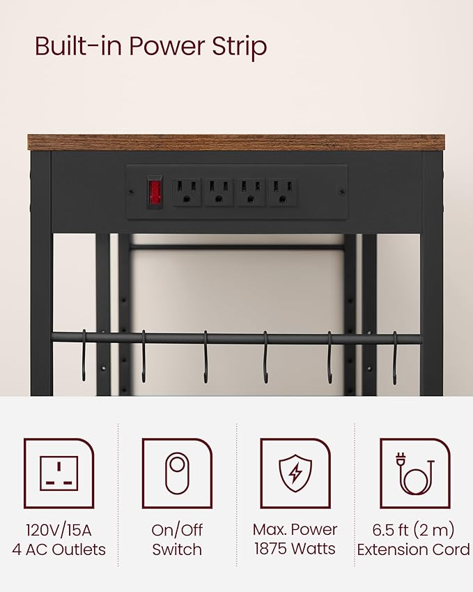 VASAGLE Baker's Rack, Coffee Bar Stand with Charging Station, 35.6 Inches Tall, Storage Shelves, Pull-Out Wire Basket, Table for Microwave, Kitchen, Rustic Brown and Ink Black UKKS036K01
