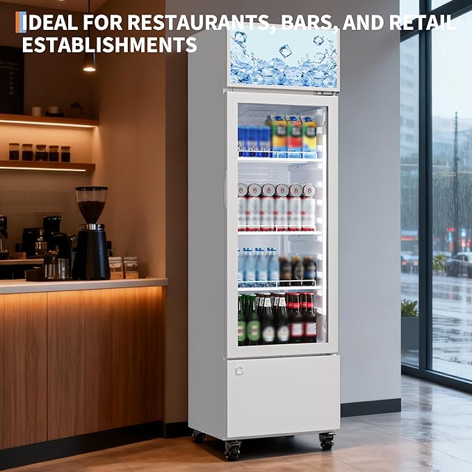 6.1 Cu.Ft. Commercial Glass Door Beverage Cooler, Frost-Free Display Fridge, 360° Cooling, Adjustable Shelves, Energy-Saving Upright Drink Refrigerator with Wheels