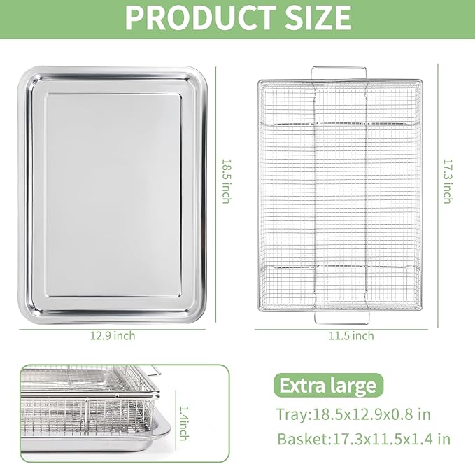 Extra Thick Air Fryer Basket and Tray for Large Oven,2PCS-Set,18.5''×12.9'',Thicker Basket and Crisper Tray Pan,Stainless Steel Air Fryer Accessories,with One Removable Handle