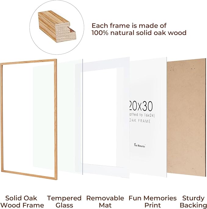 20x30 Picture Frame, Rustic Wood 20 x 30 Poster Frames for Wall, Oak Wood Picture Frames 20 by 30 with Real Glass, 20x30 Frame Matted for 16x24, Large Wooden Photo Frame 20x30 Inch, Oak Color, 1 Pack