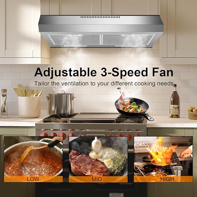 Range Hood 30 Inch Under Cabinet, 600 CFM Ducted/Ductless Vent Hood for Kitchen, Stove Vent with Bright LED Lights, Reusable Filters and 3 Speed Exhaust Fan