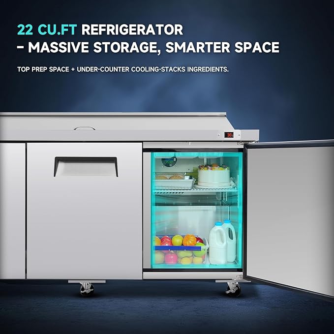 72"W Commercial Sandwich Prep Table Refrigerator - Stainless Steel Door with 18 Pans, 22 Cu.Ft Capacity, Auto Defrost, Digital Temperature Control for Restaurants, Delis, Catering & Convenience Stores