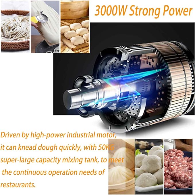 50KG Commercial Electric Dough Mixer,3000W Food Mixer, 110V Heavy-Duty Dough Kneading Machine with Stainless Steel Dough Knife for Bakery, Restaurant