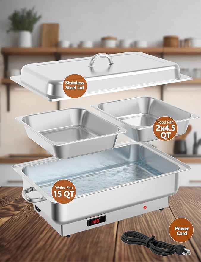 Electric Chafing Dish,Food Warmer and Servers, 2 x 4.5QT Rectangular Half-Size Stainless Steel Chafing Dish Set with Temperature Control Display for Parties, Catering, Festivals