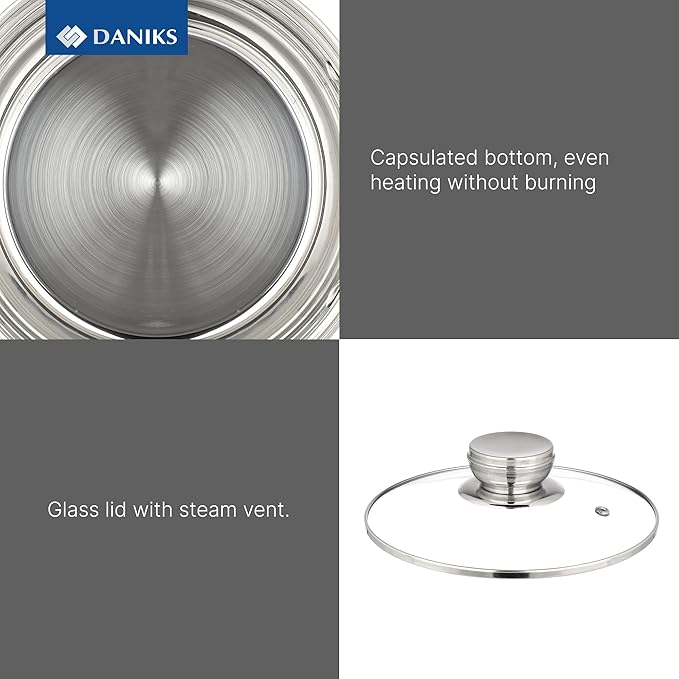 Daniks Standard 4 Quart Stainless Steel Stock Pot with Glass Lid, Tri-Ply Bottom for Even Heating, Induction Compatible, Dishwasher Safe, Built-In Measuring Scale, Silver