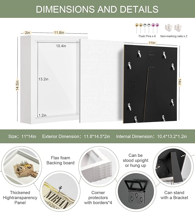 11x14 Shadow Box Display Case Picture Frame with Soft Linen Back, Large Deep White Shadow Box 11x14 for Flowers Medal Display Case Jersey pet Graduation Memorabilia Baby Ltems Crafts Photos