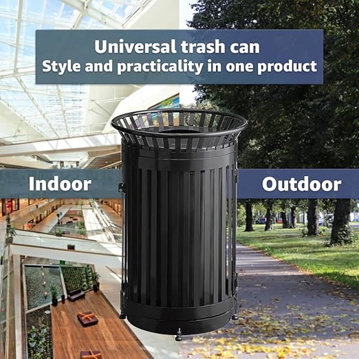 45 Gallon Black Trash Can with Flat Lid & Door, Outdoor Heavy-Duty Commercial Waste Bin Steel Slatted, Round Recycle Container, Durable Garbage Can for Parks, Municipalities, Schools, Parking