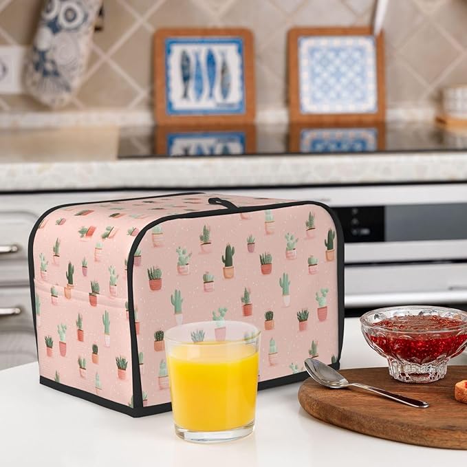 2 Slice Toaster Cover for Kitchen Cactus Pattern Pastel Waterproof and Dustproof Toaster Dust Cover with Side Pockets Decorative Universal Cover for Wide Slot Toasters and Small Appliances